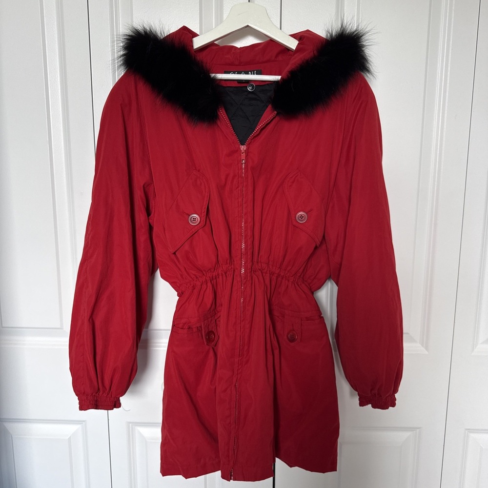 Searle Vintage Red Puffer Jacket Shoulder Pads Black Fur Trim Size 4 Oversized